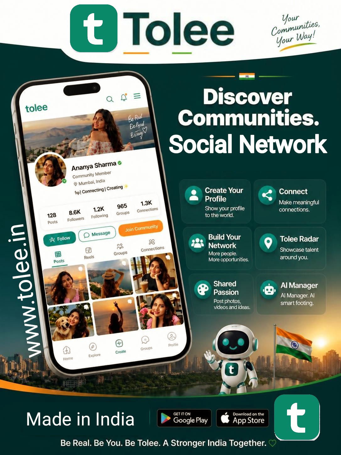 🇮🇳 Welcoming Tolee.in  is a India's community-focused social network designed to bring people together around shared interests, hobbies, and goals. Making every post on Tolee belongs to a "Tolee" your interest-based group #Atmanirbhar #india #Tolee #Socialnetwork #swadeshi #madeinindia