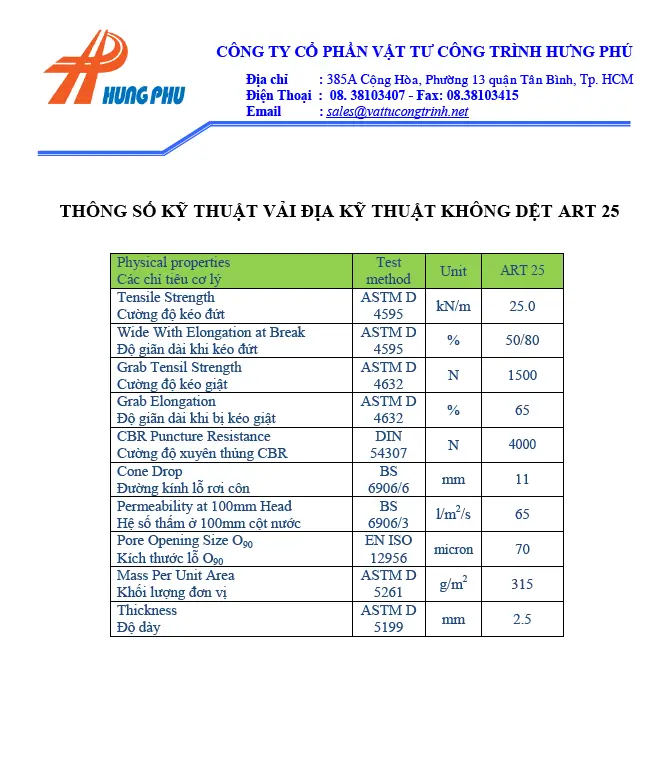 Giá vải địa kỹ thuật ART25 sự lựa chọn tốt từ Hưng Phú và những điều cần biết
