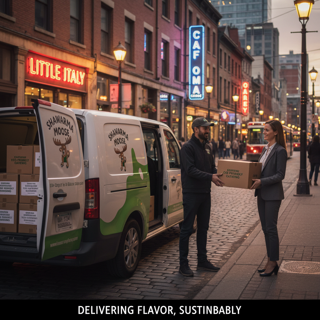 Shawarma Moose delivery van on College Street at dusk with eco-friendly catering boxes being handed to an office manager — Toronto catering delivery