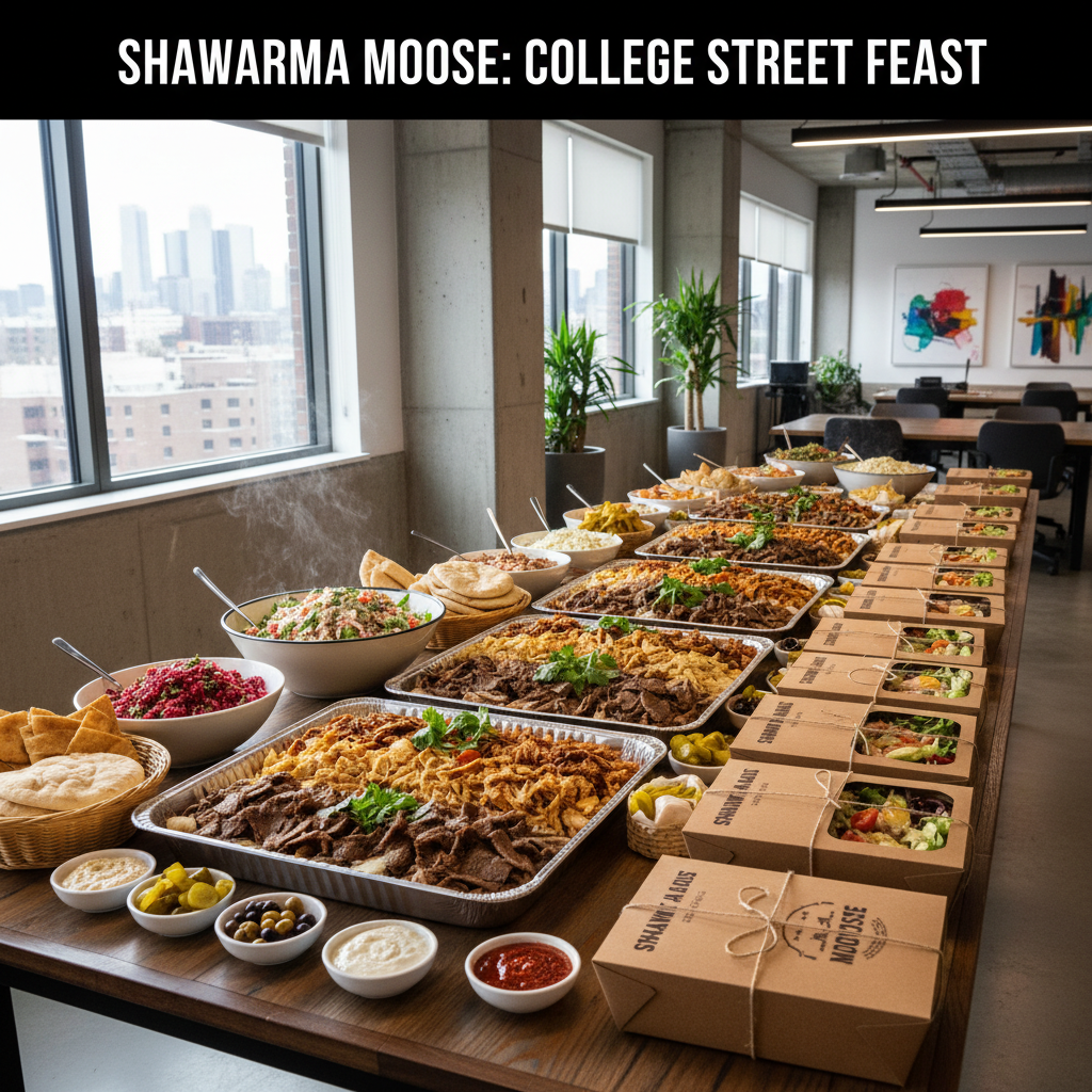 Shawarma Moose catering spread on College Street — mixed shawarma trays, salads, pita, and boxed lunches for corporate catering in Toronto
