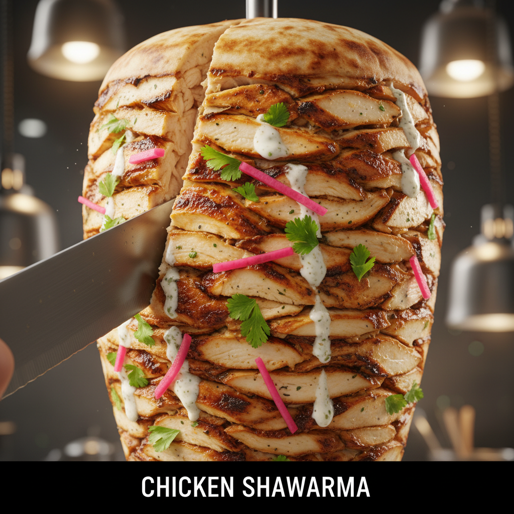 Close-up of a chicken shawarma wrap from Shawarma Moose showing marinated meat, garlic sauce, and fresh herbs — best shawarma in Toronto