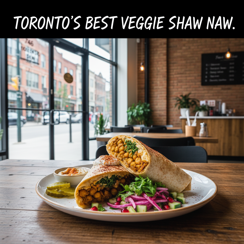 Chickpea shawarma wrap plated with fresh garnishes at Shawarma West, 746 Queen St W