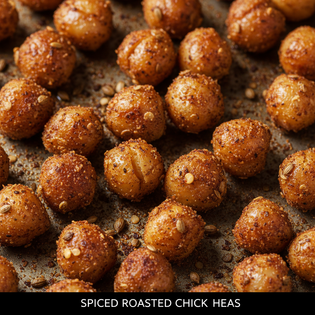 Close-up of roasted spiced chickpeas showing cumin and smoked paprika seasoning
