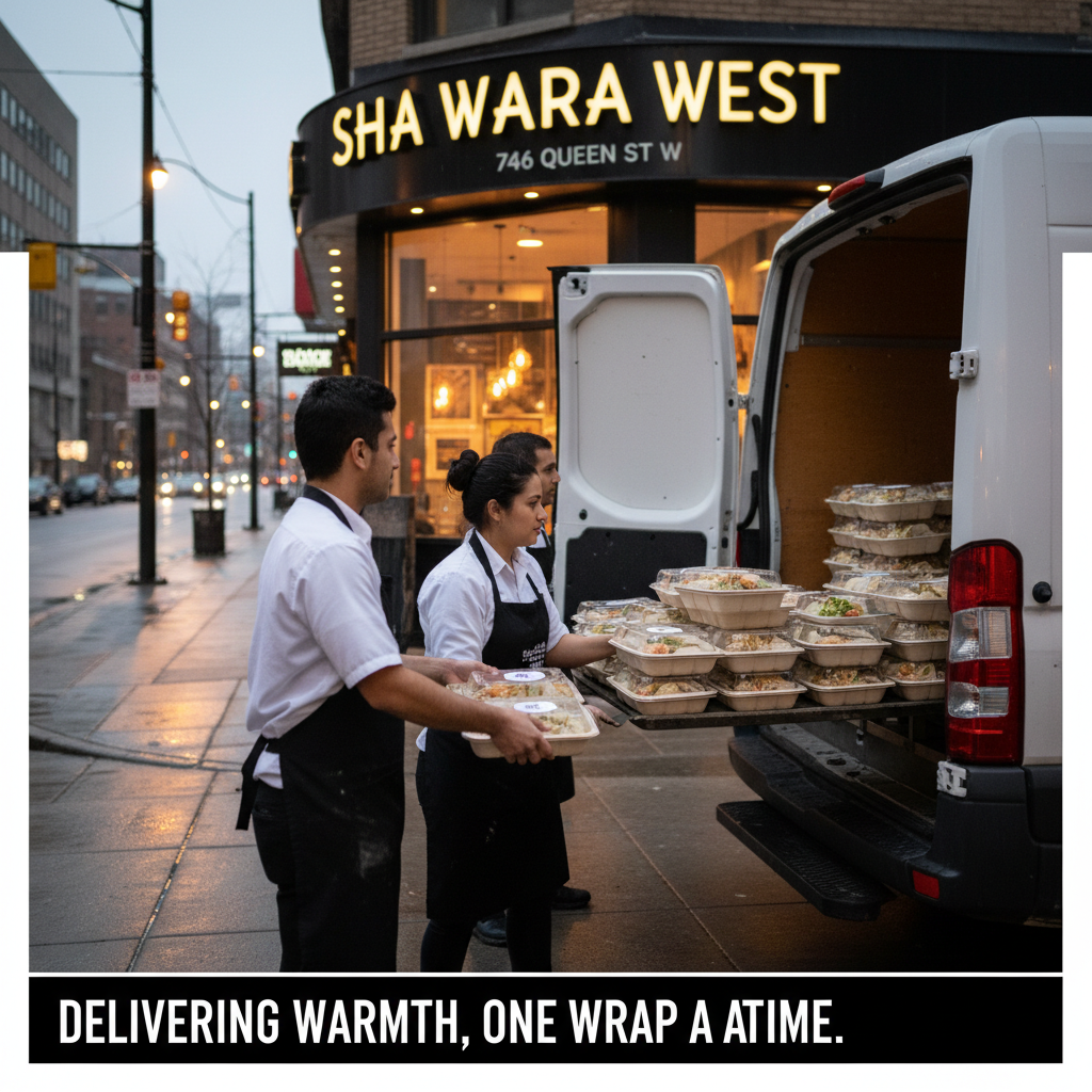 Catering staff loading individually packaged chickpea shawarma trays into a delivery van outside Shawarma West, 746 Queen St W