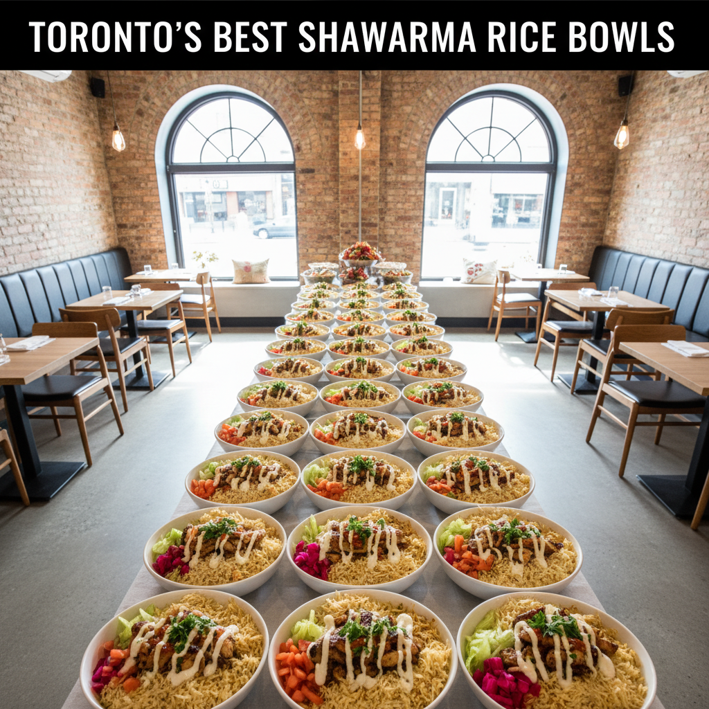 Wide shot of shawarma rice catering table at Shawarma Moose on College Street, Toronto - shawarma rice catering