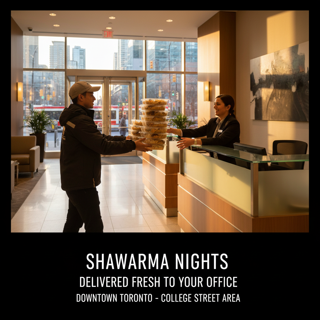 Delivery of individually packaged shawarma rice bowls to a Toronto office lobby near College Street - shawarma rice delivery