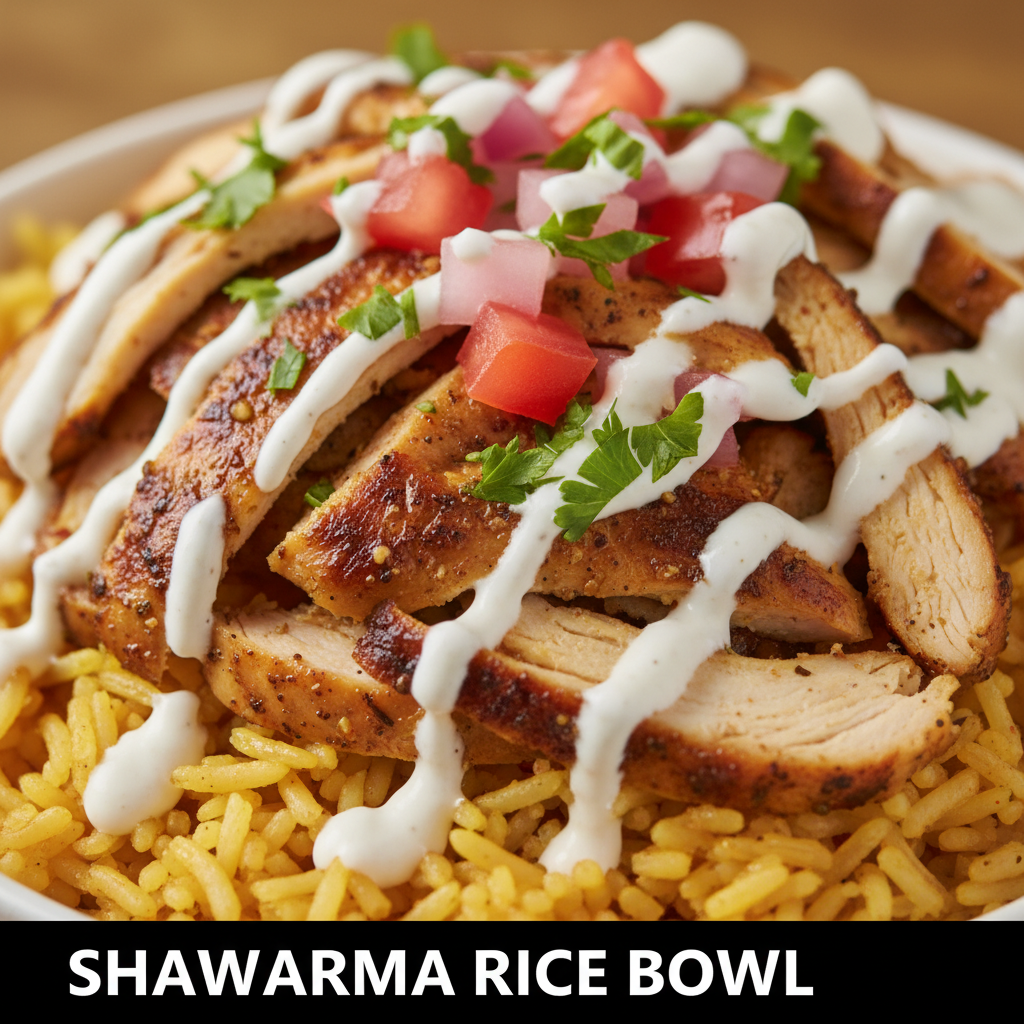 Close-up of a shawarma rice bowl with seasoned rice, sliced halal chicken shawarma, parsley and garlic sauce - shawarma rice close-up