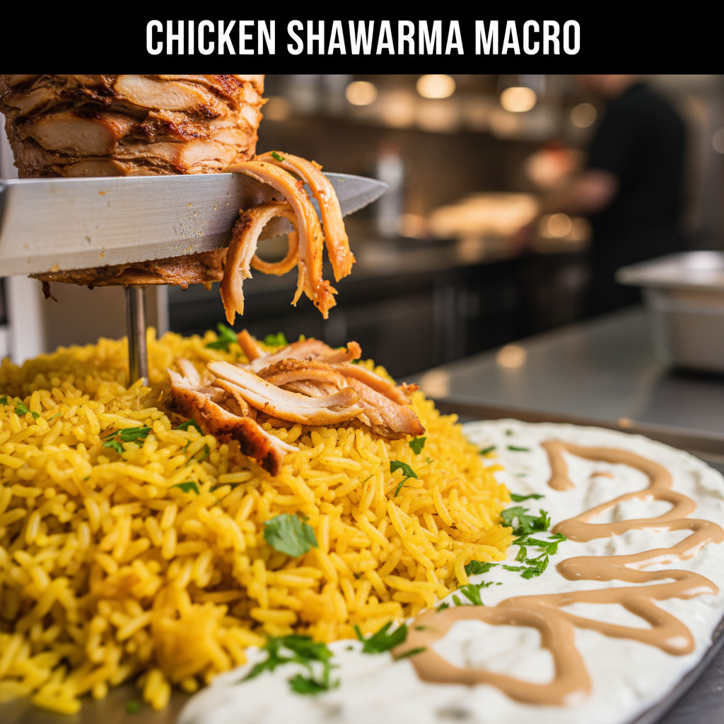 Close-up of chicken shawarma and rice being plated from a rotisserie with garlic sauce and tahini nearby