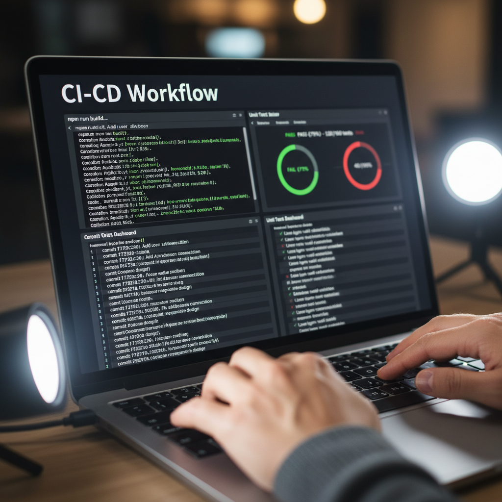 CI/CD pipeline close-up illustrating automated tests and deployments for a bespoke software development service