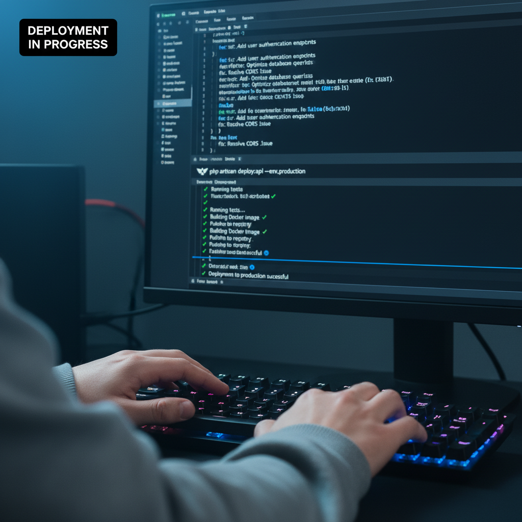 Close-up CI/CD deployment for Laravel backend – custom software development services with Git and pipeline status