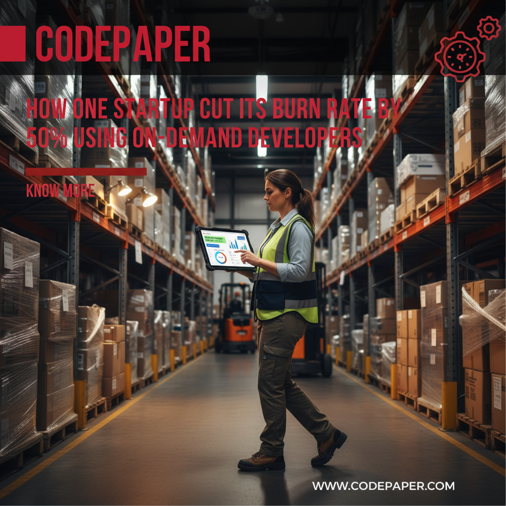 Operations manager using a custom web app dashboard on a rugged tablet to monitor inventory and KPIs in a warehouse
