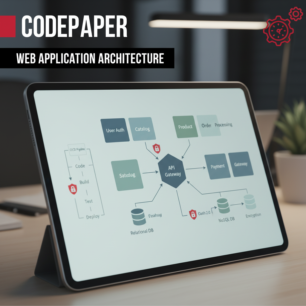 Custom web application development services architecture diagram showing microservices, API gateway, CI/CD pipeline, and security controls