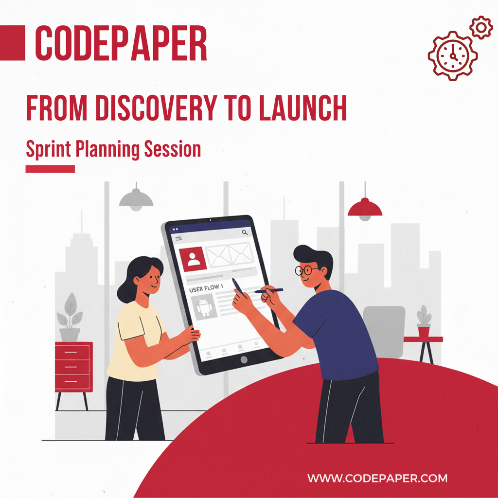 Product owner and developer reviewing Android app prototype during sprint planning near Toronto for android application development services