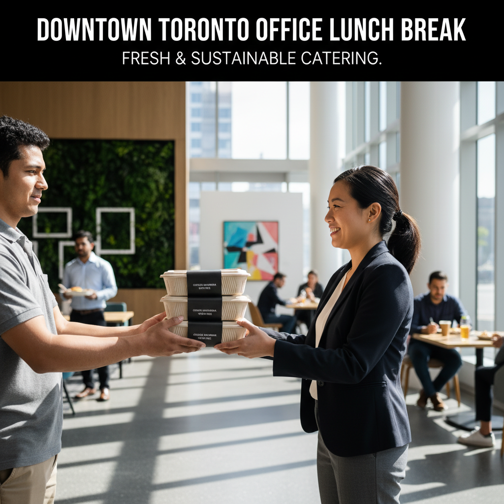 Office catering delivery in downtown Toronto with labeled chicken shawarma with rice meal boxes, ideal for individually packaged meals