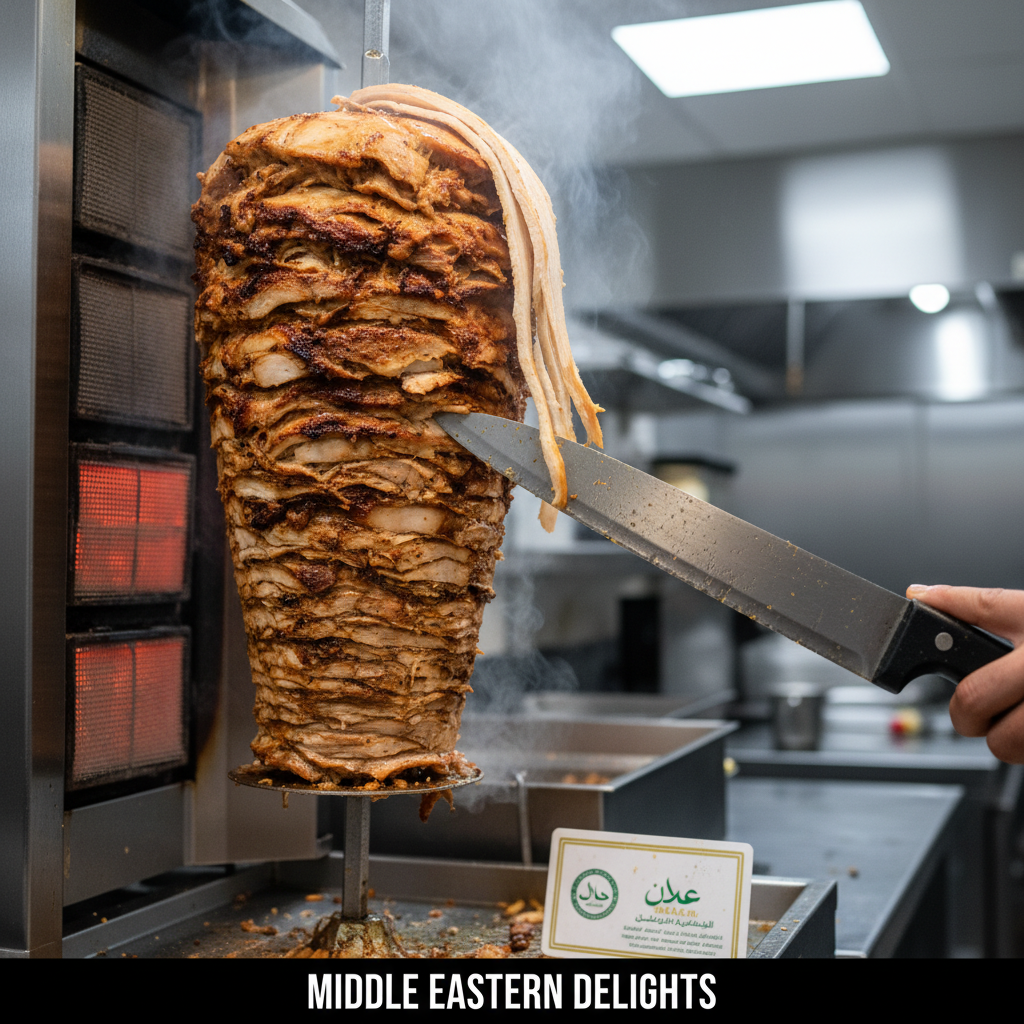 Close-up of chicken shawarma halal shaved from rotisserie with halal certification visible