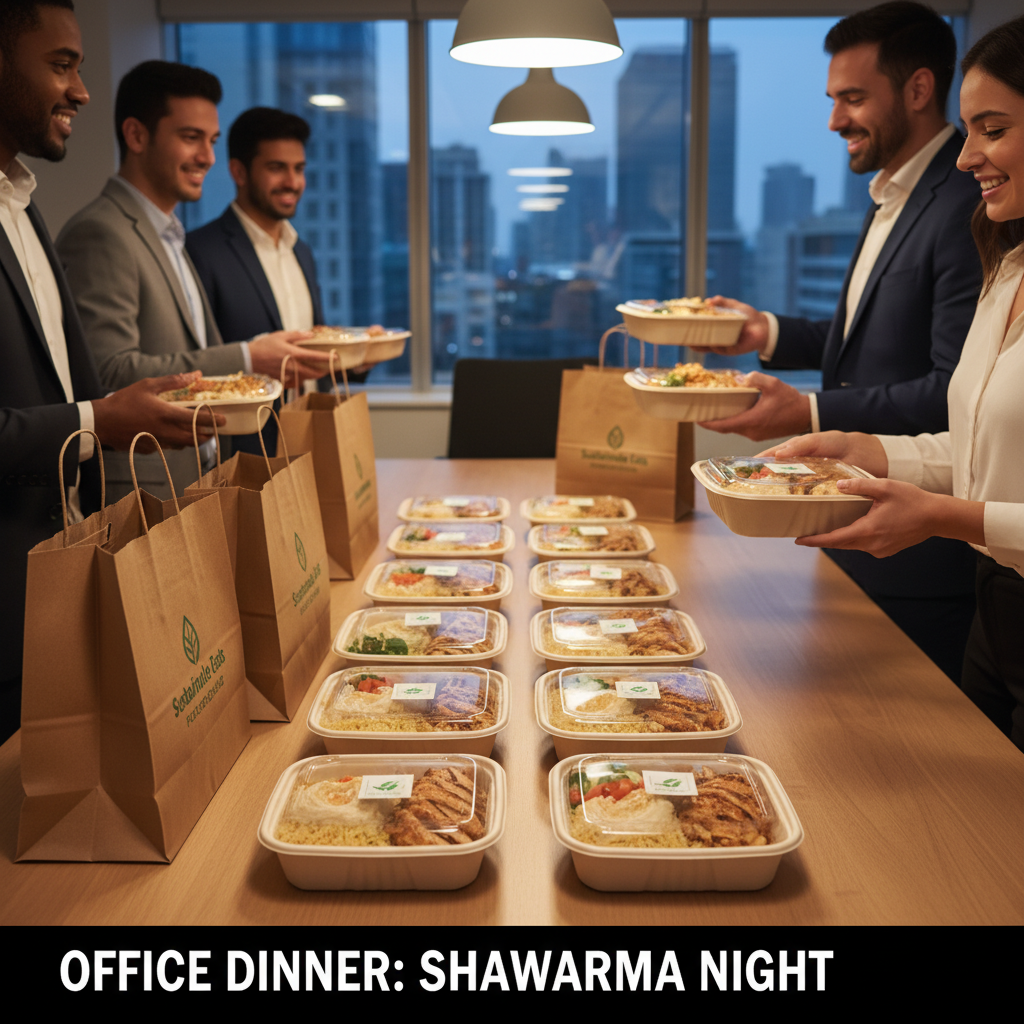 Office catering setup with individually packaged chicken shawarma with rice meals on a conference table in Toronto
