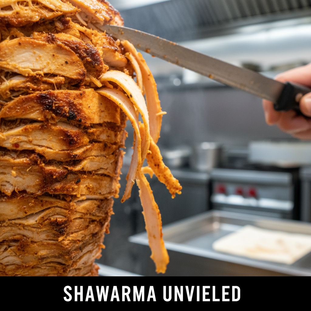 Close-up of chicken shawarma shaved from a rotisserie with crispy edges and spices, ideal for chicken shawarma with rice in Toronto