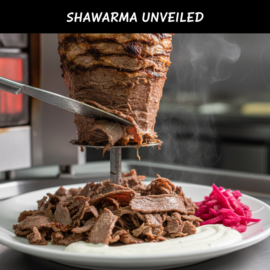 Close-up of beef shawarma shaved from a rotisserie for a beef shawarma plate in Toronto with garlic sauce and pickled turnips
