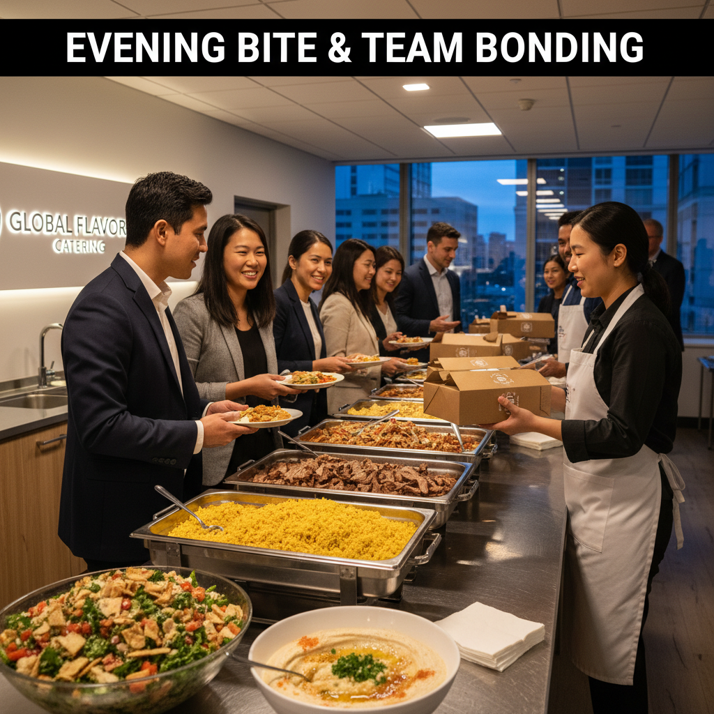 Shawarma catering in Toronto with beef shawarma trays, rice, salads, hummus, and individually packaged meals for offices