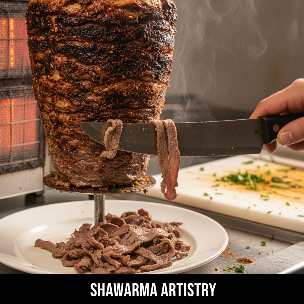 Close-up of beef shawarma shaved from the rotisserie for a beef shawarma plate at a Toronto shawarma restaurant, Shawarma West