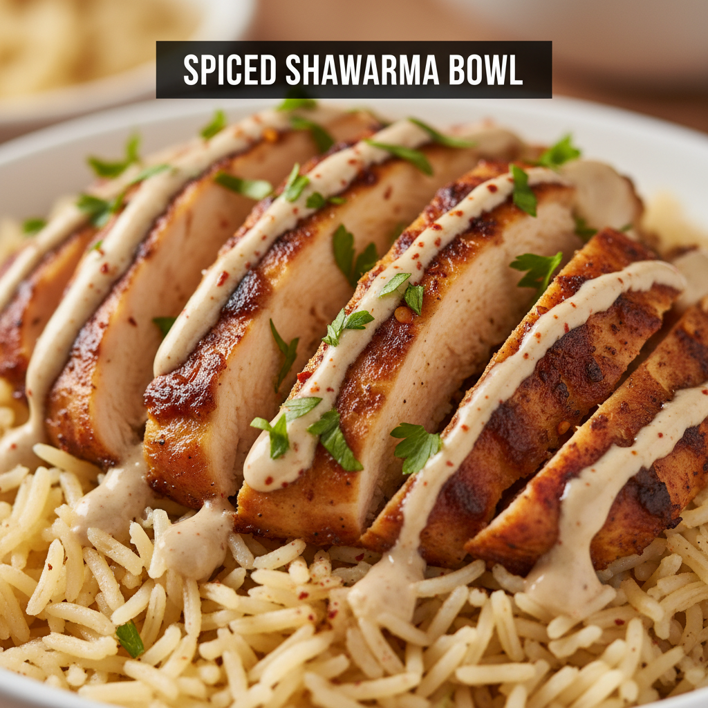 Close-up of chicken shawarma with rice in Toronto with garlic sauce and parsley, perfect for office catering