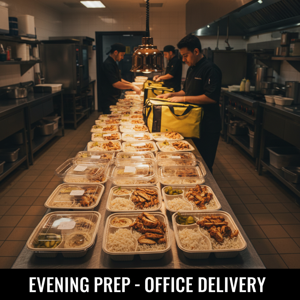 Catering trays of chicken shawarma with rice and individually packaged lunch boxes for Toronto office delivery