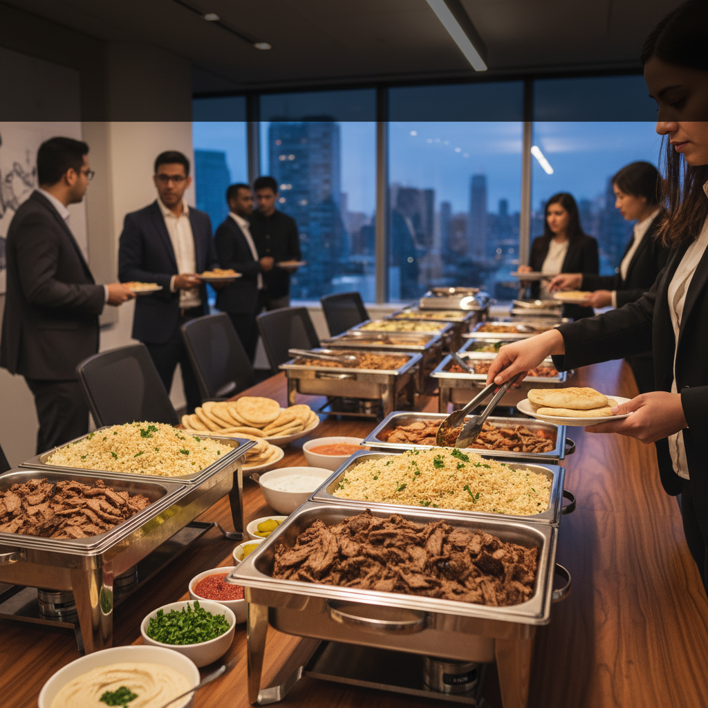 Buffet-style catering with beef shawarma plates, rice, salads, and sauces set up in a downtown Toronto boardroom