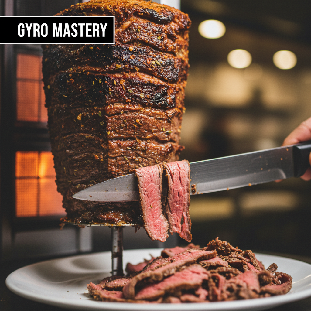 Close-up of beef shaved from a vertical rotisserie for a beef shawarma plate in downtown Toronto, highlighting crispy edges and spice rub