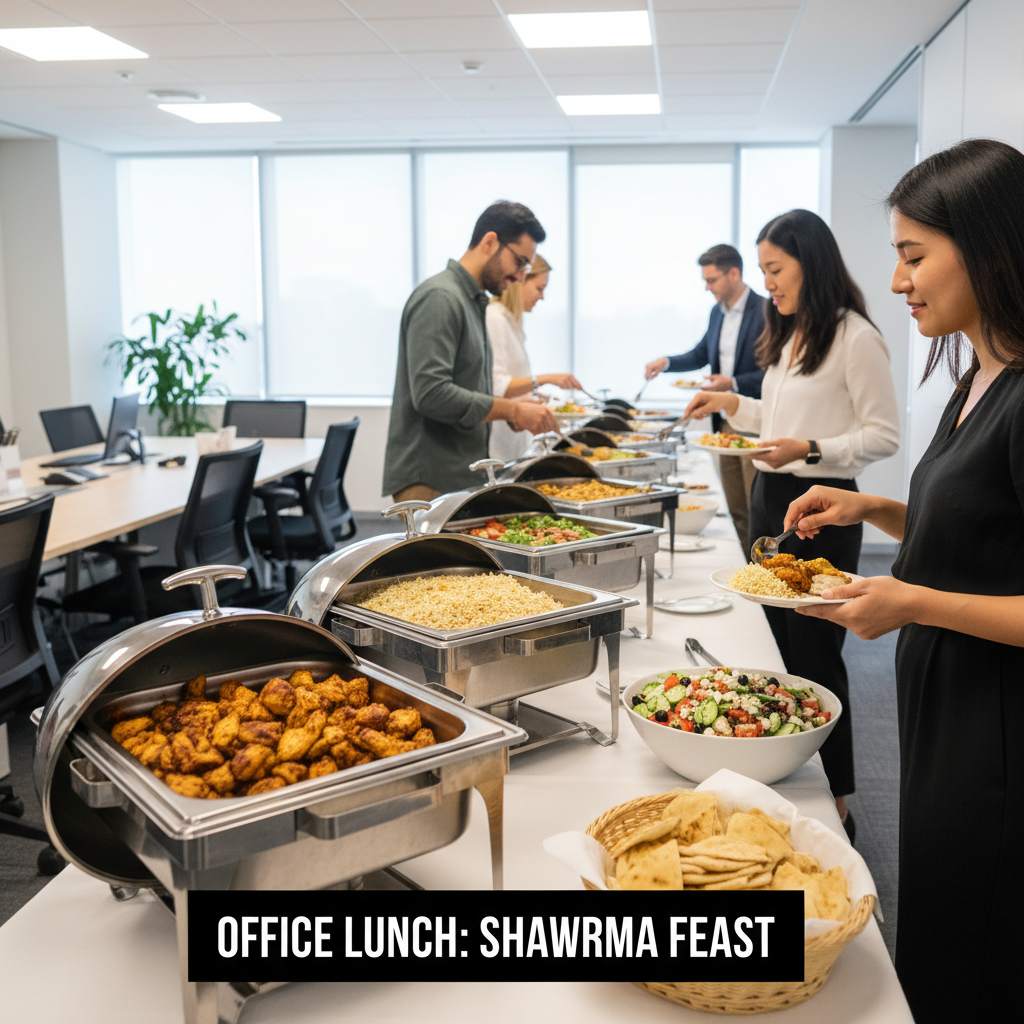 Office catering buffet of chicken shawarma with rice, Greek salad, and pita in Toronto meeting room
