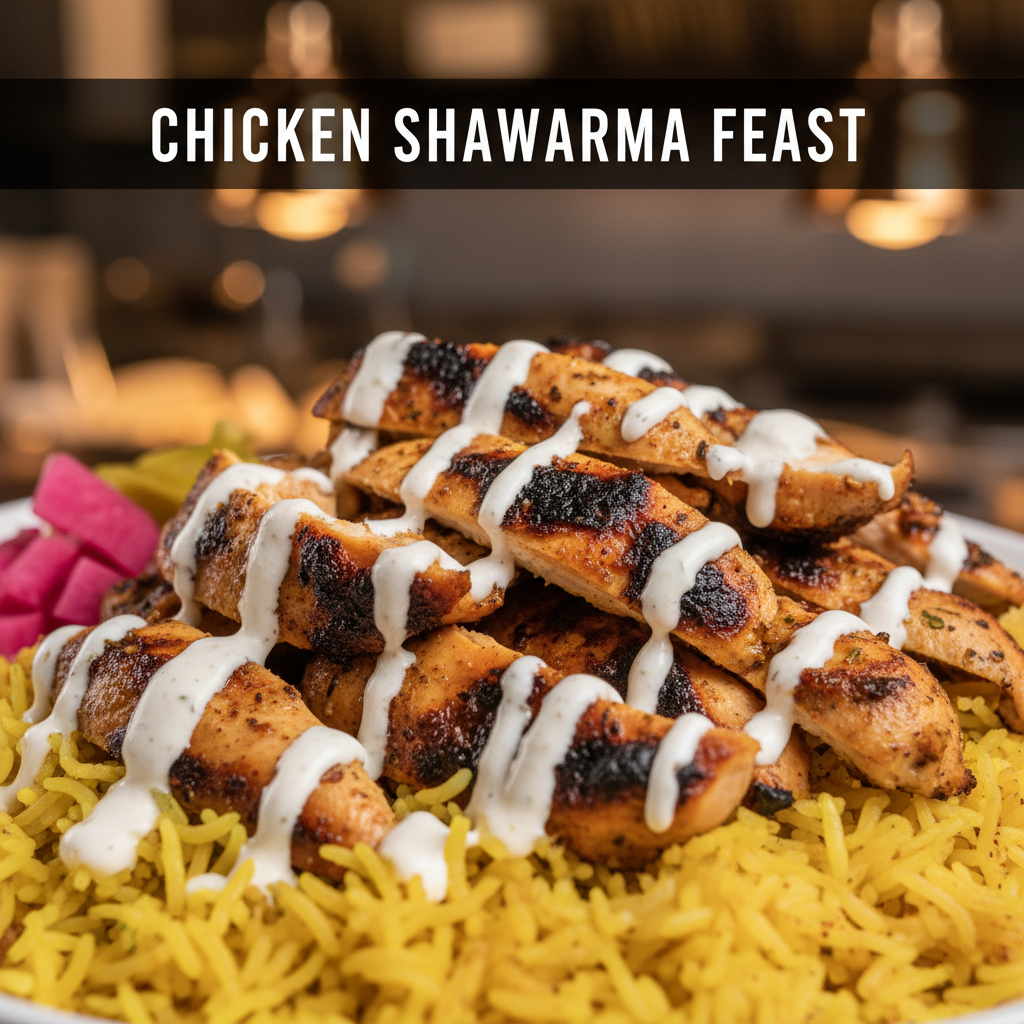 Close-up of chicken shawarma with rice plate with garlic sauce and pickled turnips in Toronto, halal-friendly office catering