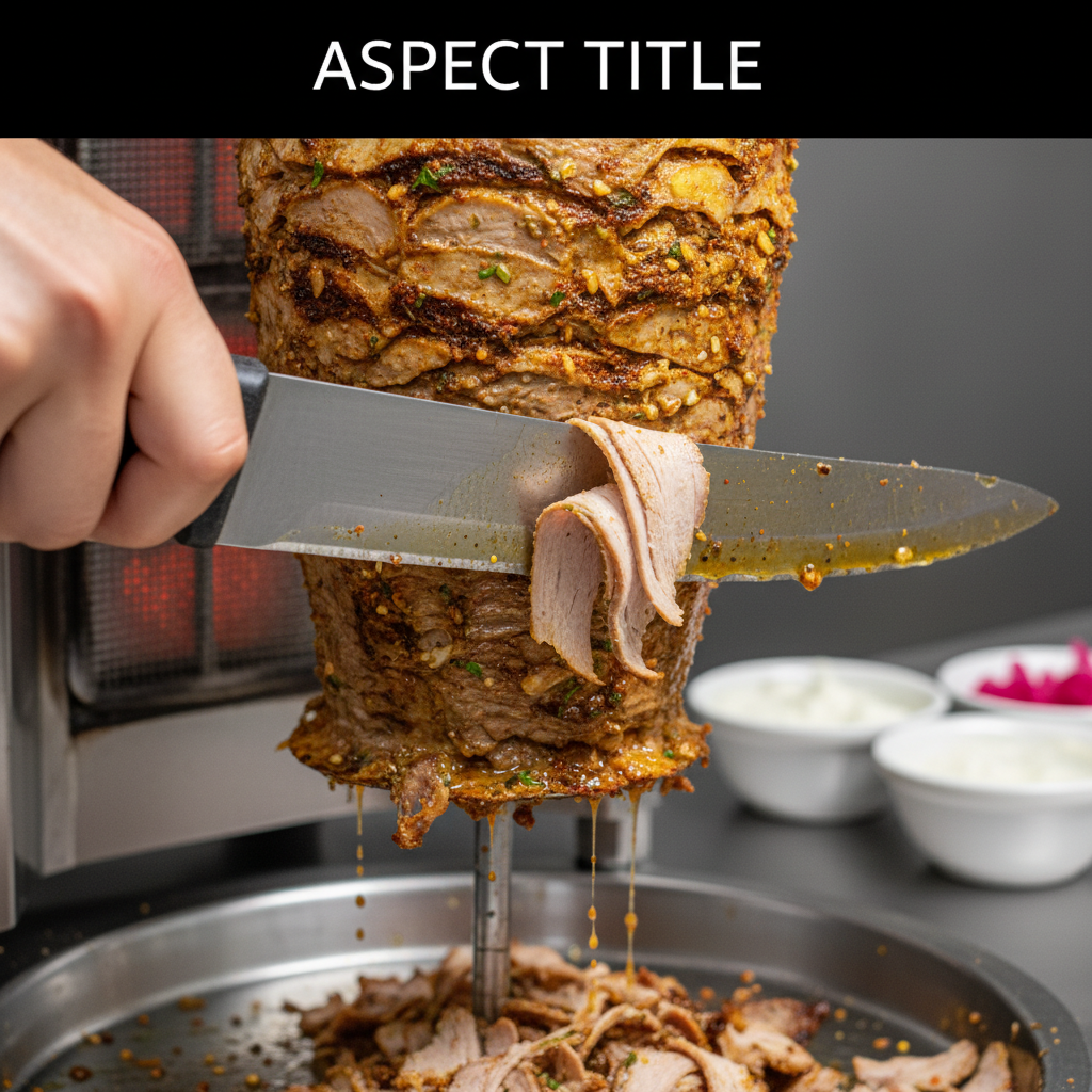 Close-up of lamb on rotisserie being shaved for a lamb shawarma wrap in Toronto with garlic sauce and pickled turnips nearby