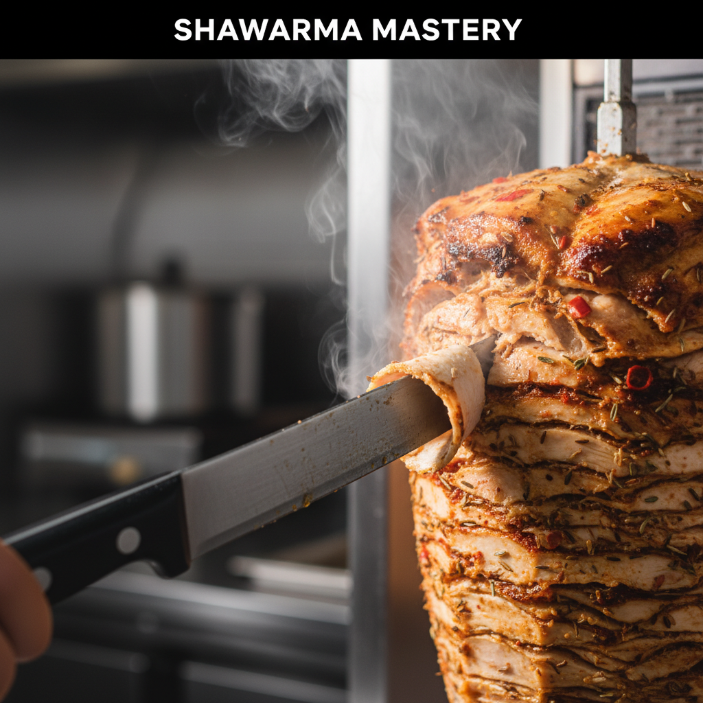 Macro close-up of halal chicken shawarma shaved from rotisserie with crispy edges and spices, illustrating chicken shawarma halal quality