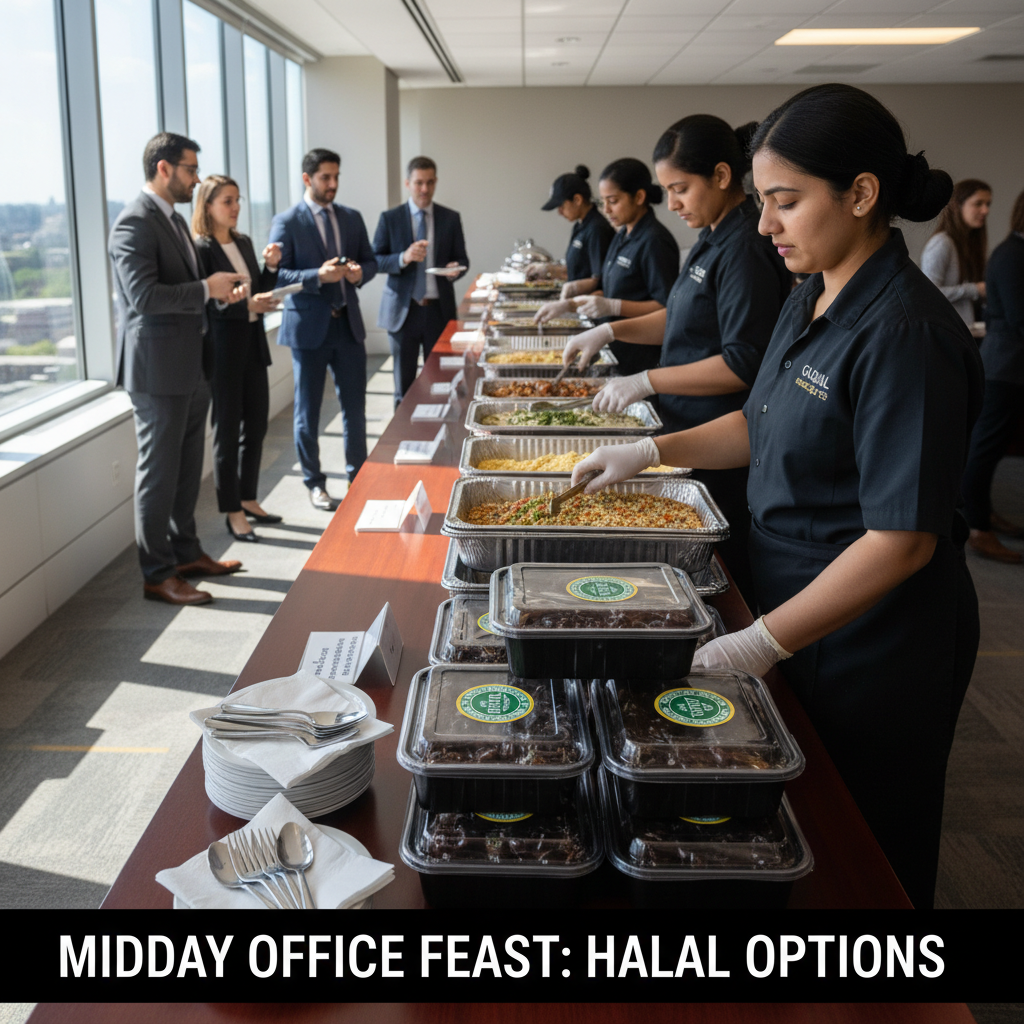 Office buffet with individually packaged halal meals and buffet trays labeled for chicken shawarma, rice, salads, and sauces in Toronto