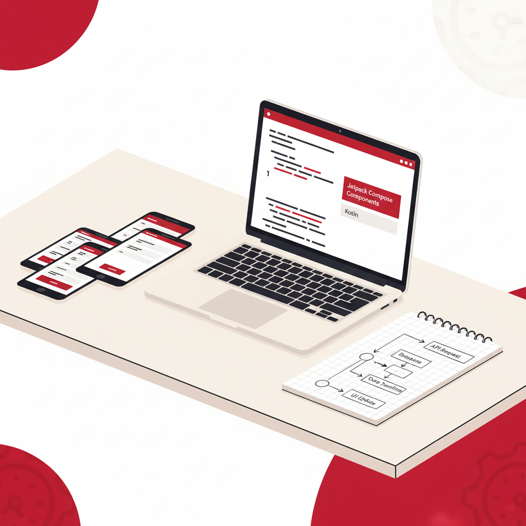 Android application development services detail: UI wireframes, Kotlin code, and API flow for a Toronto build