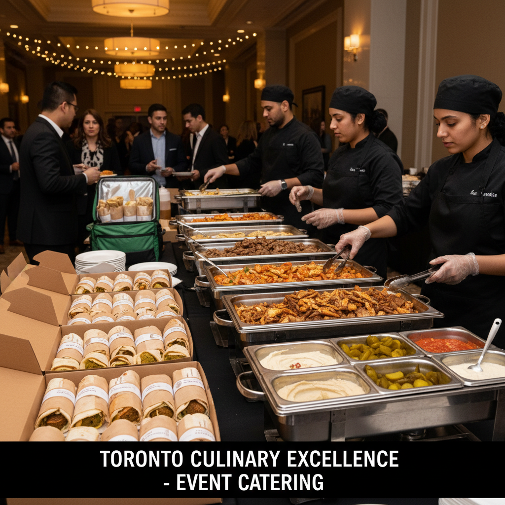 Toronto catering setup with falafel shawarma wraps, individually packaged boxes, and buffet trays by Shawarma West