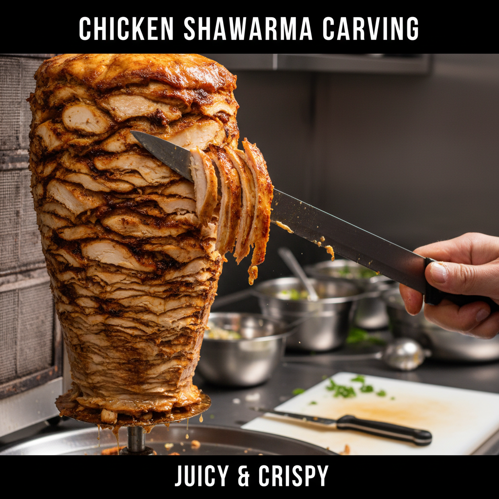 Close-up of chicken shawarma shaved from rotisserie for a Toronto shawarma menu with halal options