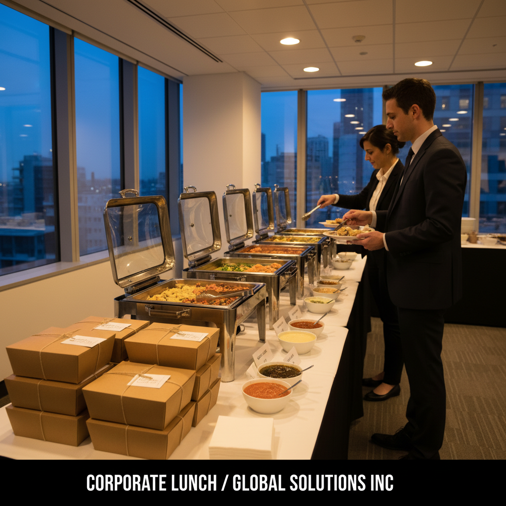 Corporate catering setup in Toronto with individually packaged shawarma boxes and buffet pans from a halal shawarma menu
