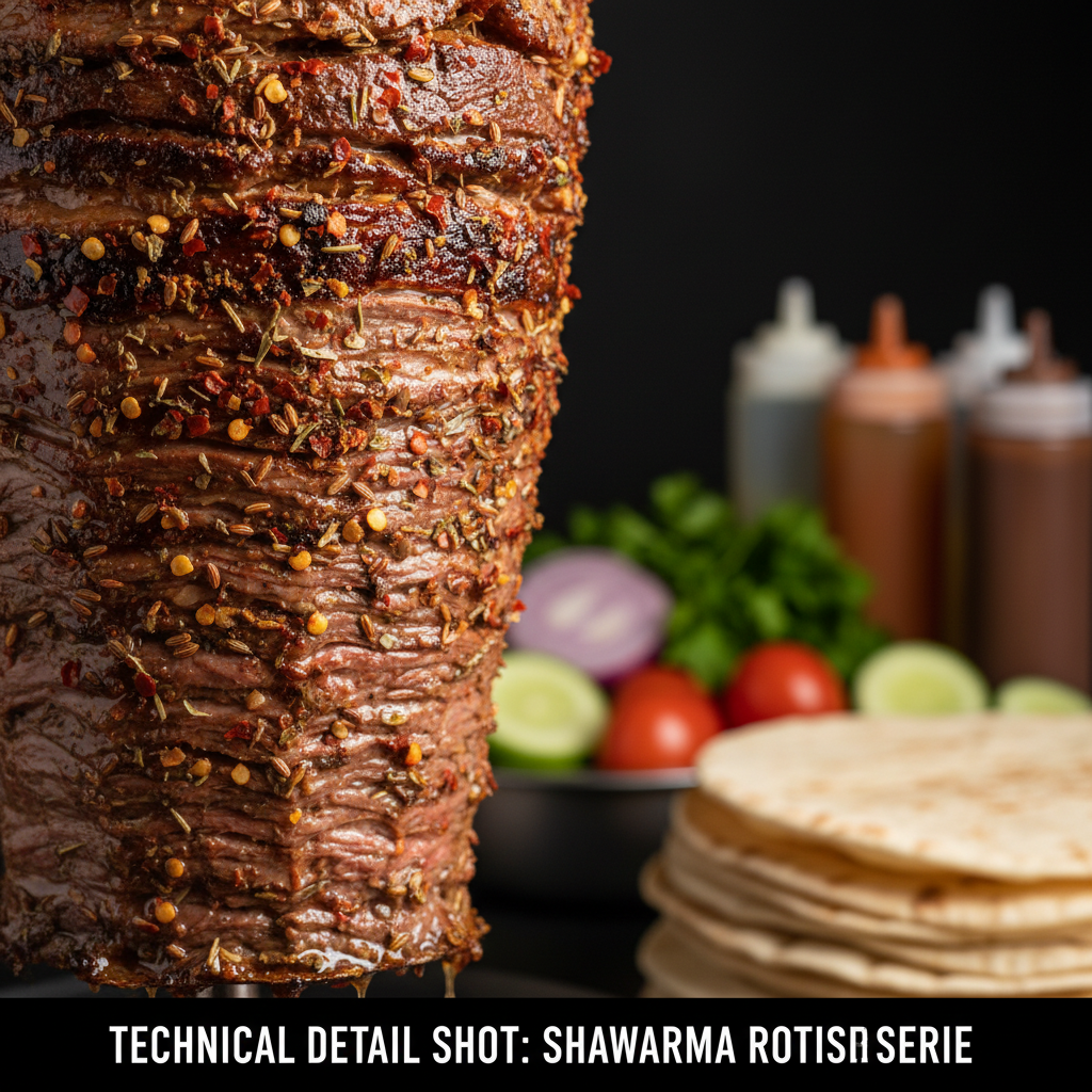 Close-up of beef on shawarma rotisserie with caramelized edges for steak shawarma wrap in Toronto
