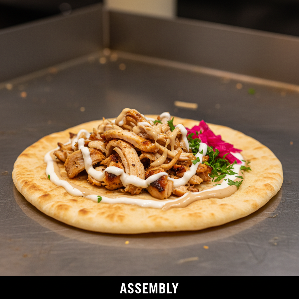 Close-up of pita shawarma being assembled with garlic sauce, tahini, and pickled turnips in Toronto