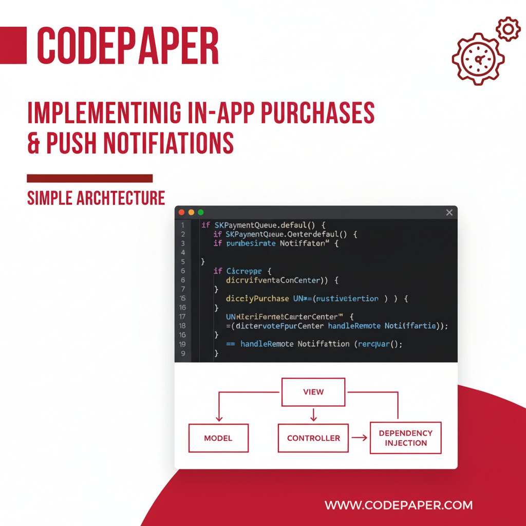 Xcode Swift code for iOS app development services showing in-app purchases and push notifications architecture