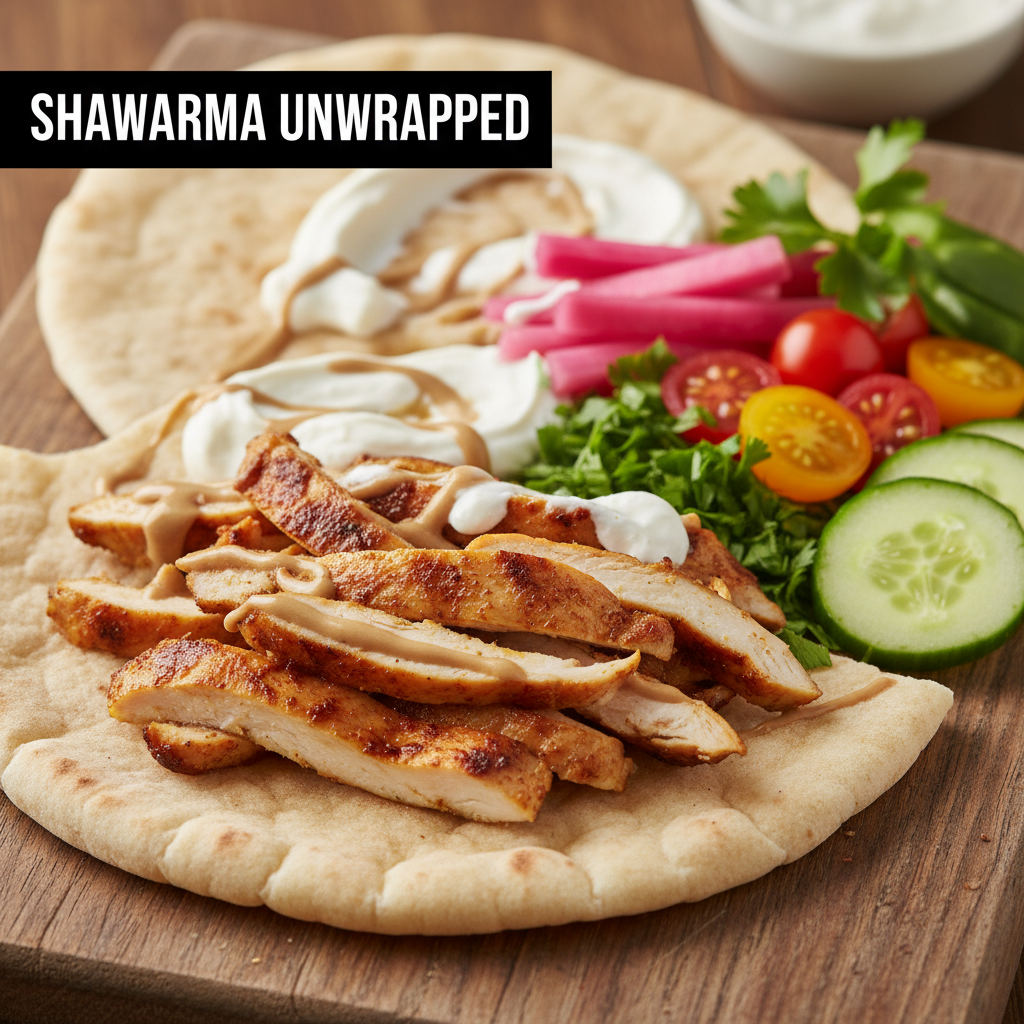 Close-up of shawarma wrap ingredients: marinated chicken, warm pita, garlic sauce, tahini, pickled turnips, parsley, tomatoes, cucumbers arranged on a prep board in Toronto