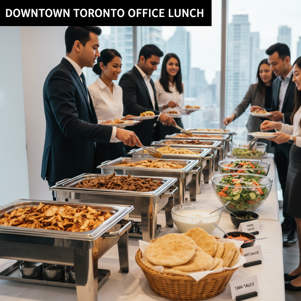 Catered shawarma buffet in a downtown Toronto office with labeled sauces, warm pitas, chicken and beef shawarma, and salads