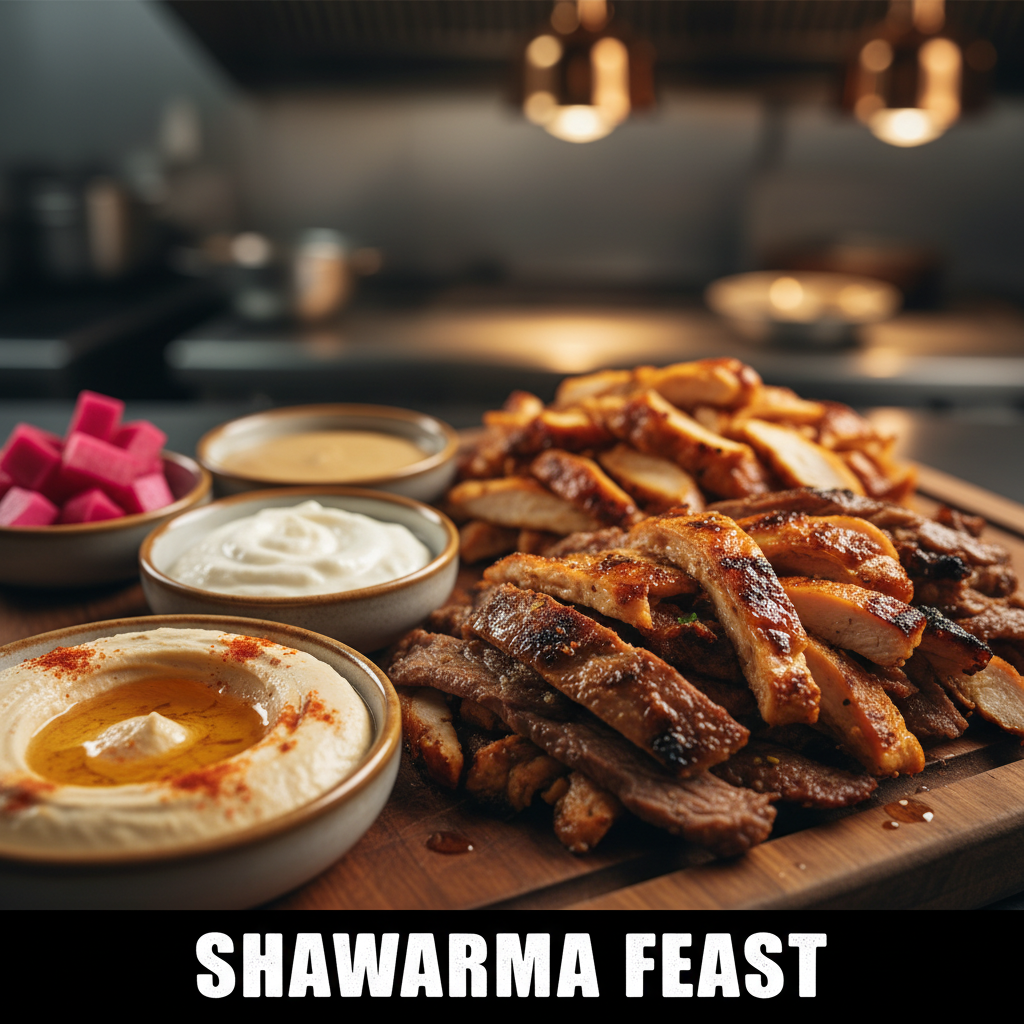 Close-up of chicken and beef shawarma with hummus, tahini, garlic sauce, and pickled turnips on a shawarma platter in Toronto