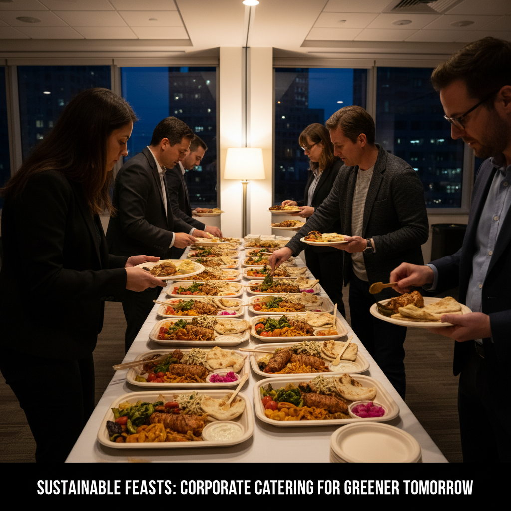 Catered shawarma platters in a corporate meeting room in Toronto with guests serving buffet-style