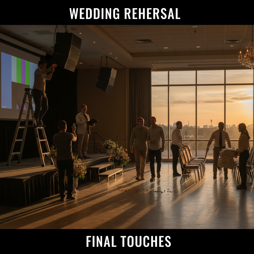 Couple practicing ceremony walk with officiant while AV tech tests speakers – Mississauga wedding rehearsal at a grand banquet hall