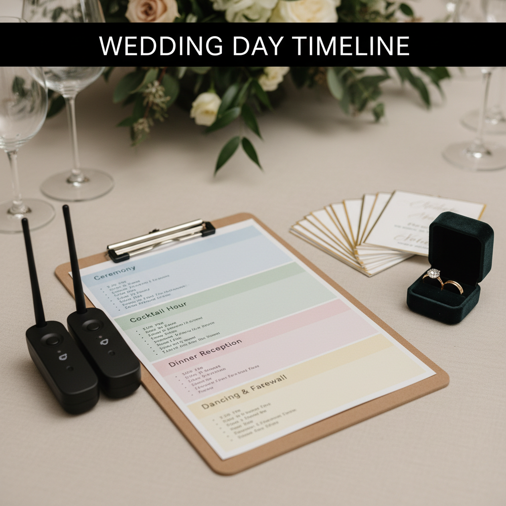 Wedding rehearsal checklist on coordinator clipboard with microphones, seating cards, and ring box – Mississauga event venue AV prep