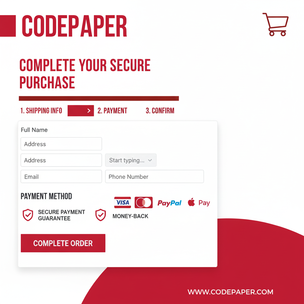 Checkout optimization for ecommerce website development showing address autocomplete, multiple payments, trust badges, and a clean form