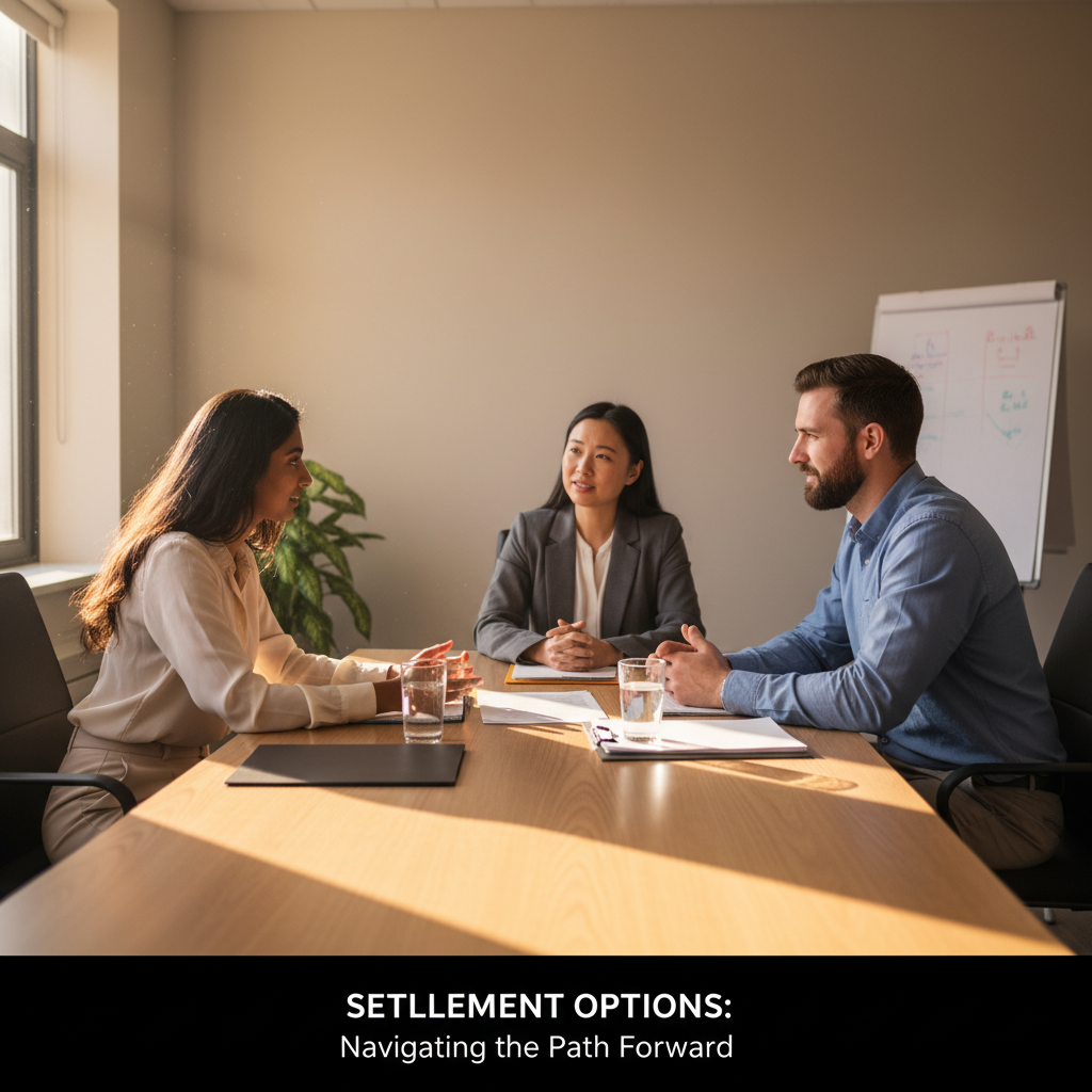 Mediation session with a diverse couple and a neutral mediator discussing settlement options, a common route recommended by a spousal support lawyer in Toronto