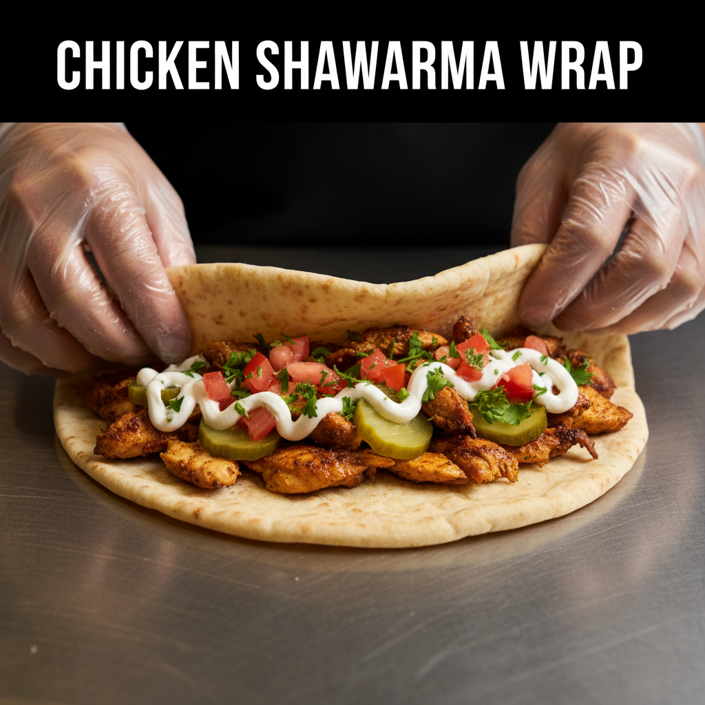 Close-up of chicken shawarma in pita being wrapped with garlic sauce, pickles, tomatoes, and parsley at a Toronto kitchen