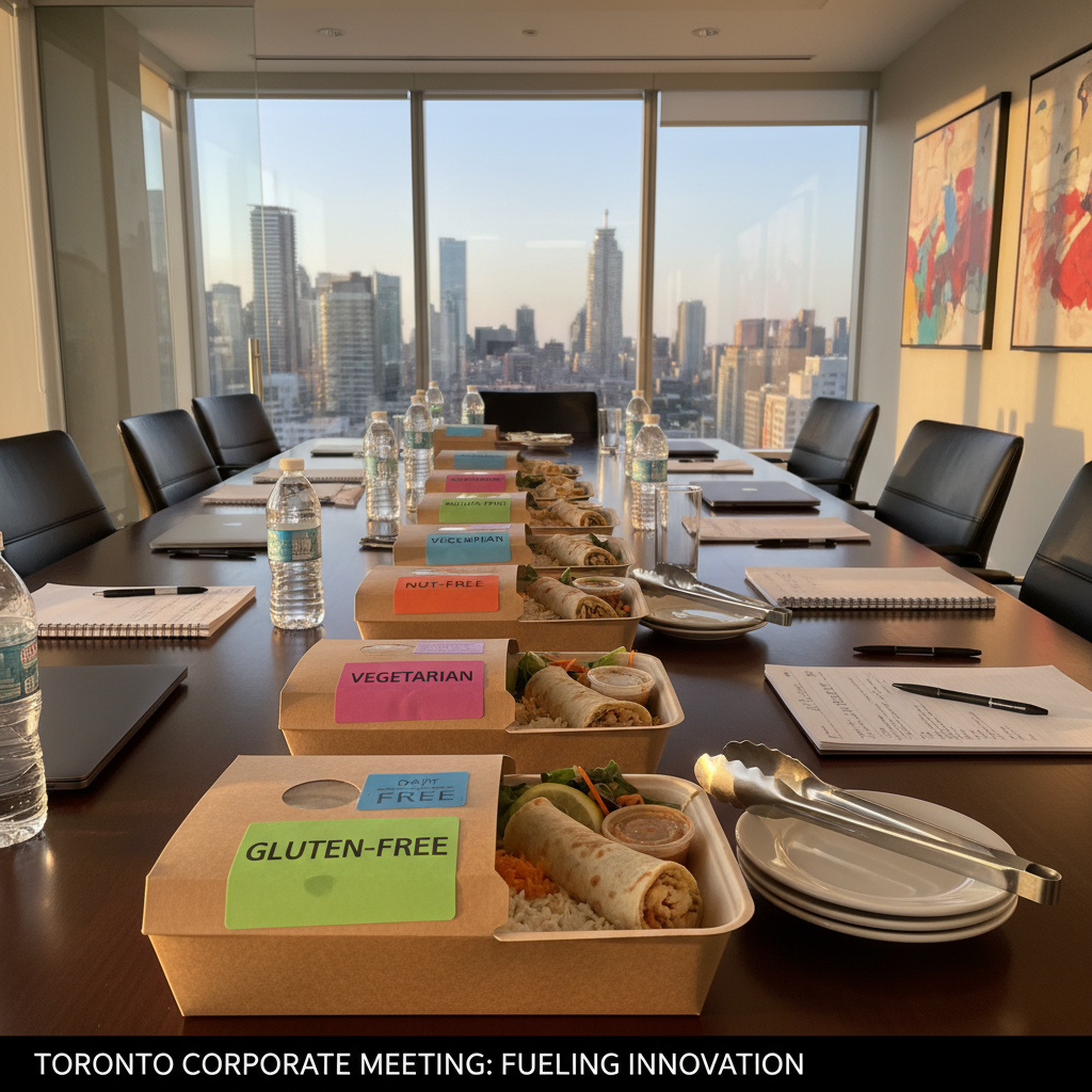 Individually packaged chicken shawarma lunch boxes labeled for dietary needs in a Toronto meeting room